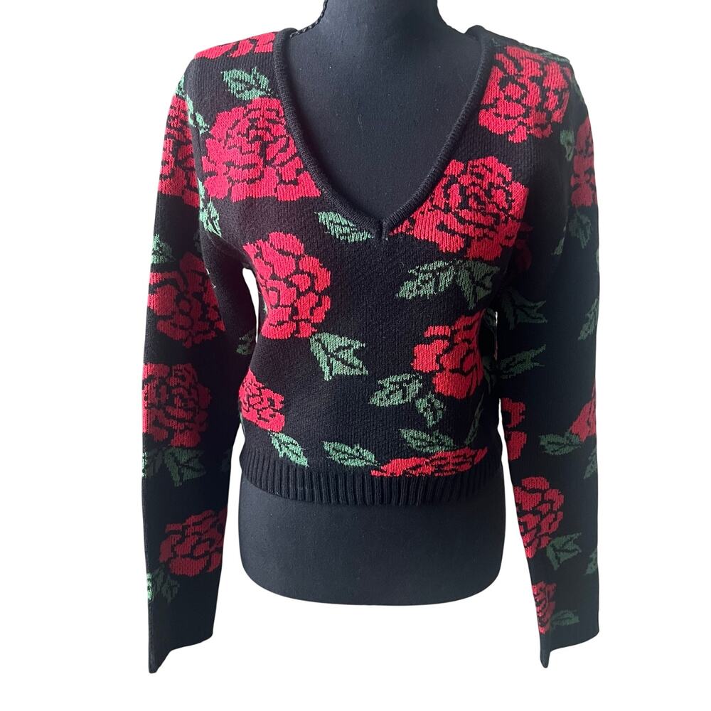 🌹Material Girl Rose Floral Cropped Knit Sweater Black Red V-Neck Size L NWT